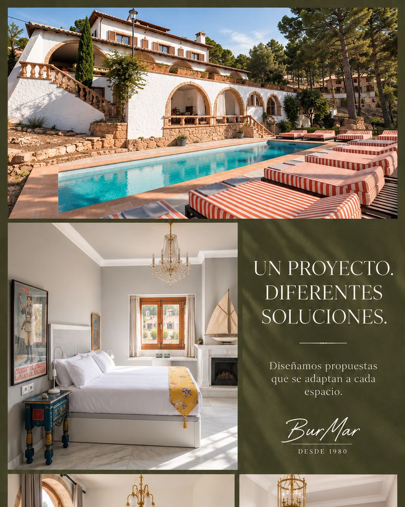 Publicación de proyecto contract: piscina y habitaciones de un alojamiento con textiles de Burmar